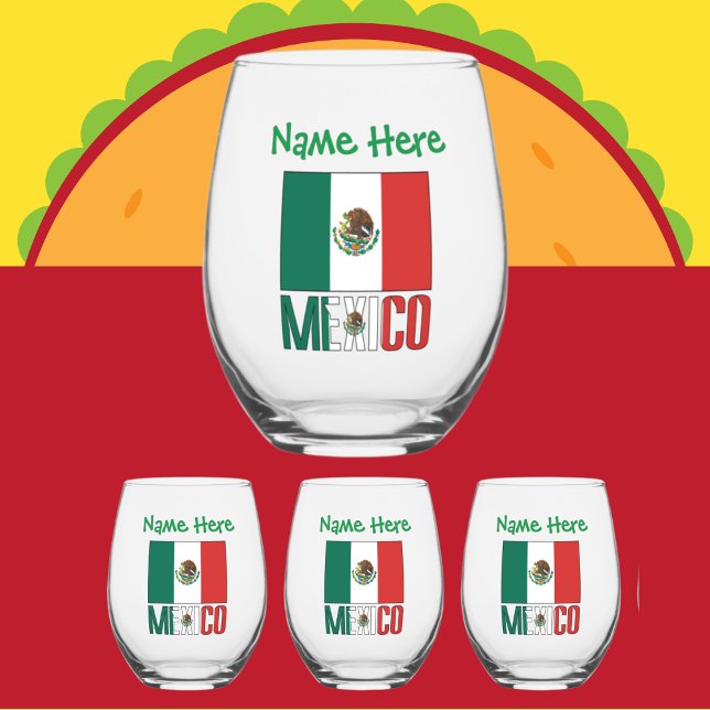 Mexico and Mexican Flag Green Personalisation  Stemless Wine Glass (Creator Uploaded)