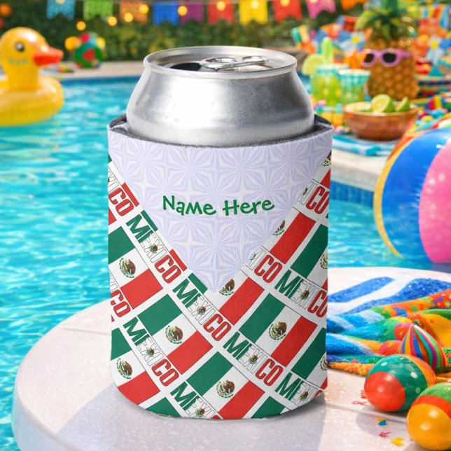 Mexico and Mexican Flag Tiled Green Personalised Can Cooler (Personalized can cozie with tiled Mexican Flag and MEXICO. Put name inside white fractal.)