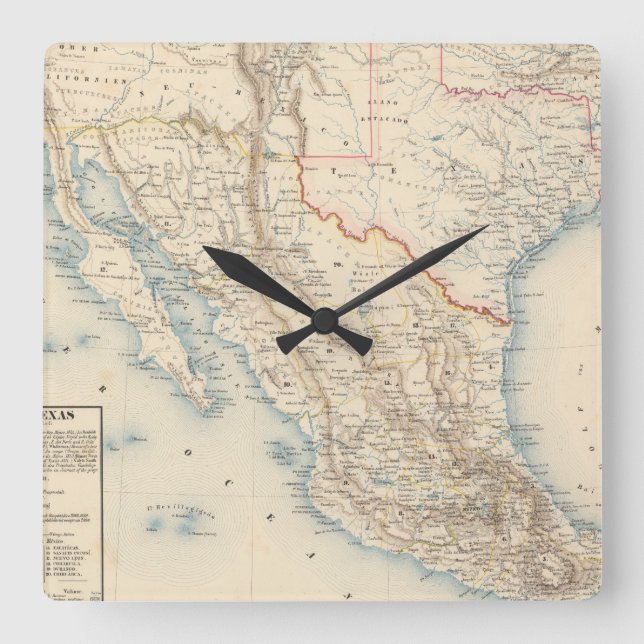 Mexico and Texas Map Square Wall Clock (Front)