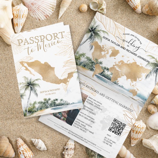 Mexico Beach Destination Wedding Passport QR code Invitation (mexico beach wedding passport)
