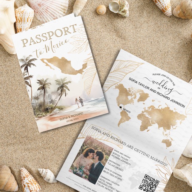 Mexico Beach Destination Wedding Passport QR code Invitation (mexico watercolor beach passport wedding)