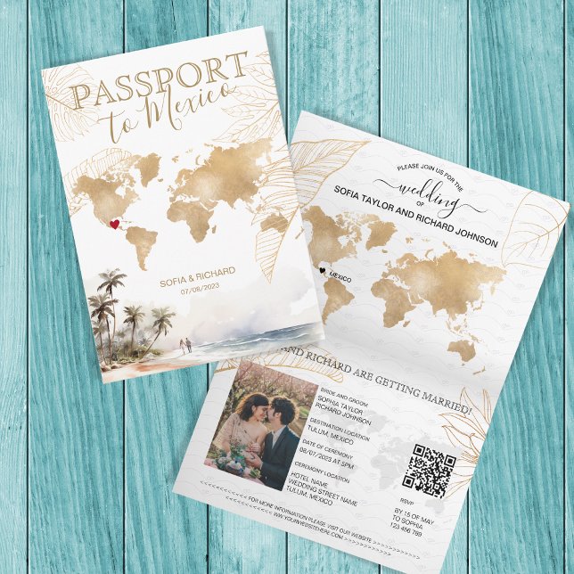 Mexico Beach Destination Wedding Passport QR code Invitation (palm tree beach gold map)