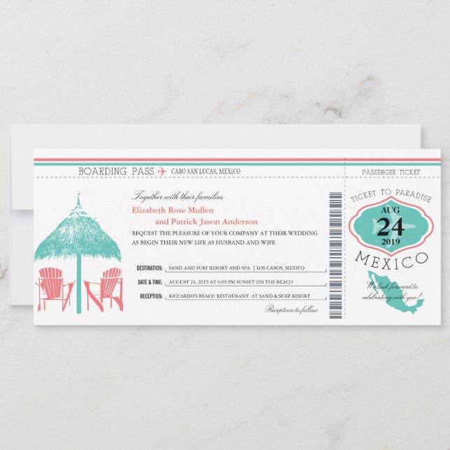 Mexico Boarding Pass Wedding Invitation (Front)