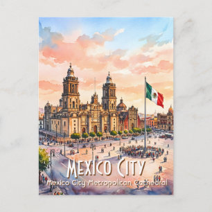 Mexico City Catholic Cathedral Watercolor Travel Postcard