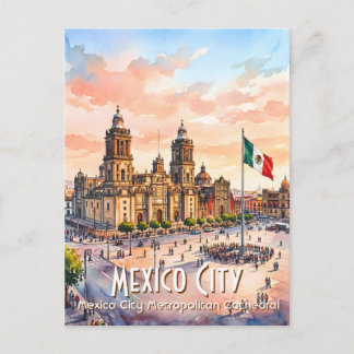 Mexico City Catholic Cathedral Watercolor Travel Postcard