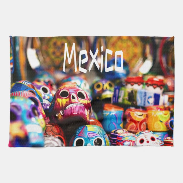 Mexico Colourful Bright skulls Tea Towel (Horizontal)