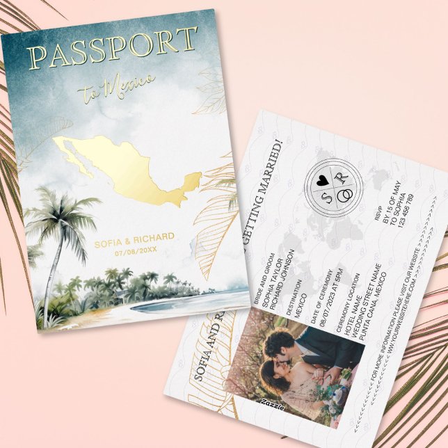 Mexico Destination Wedding Passport Gold (gold foil Mexico map passport wedding invitation)