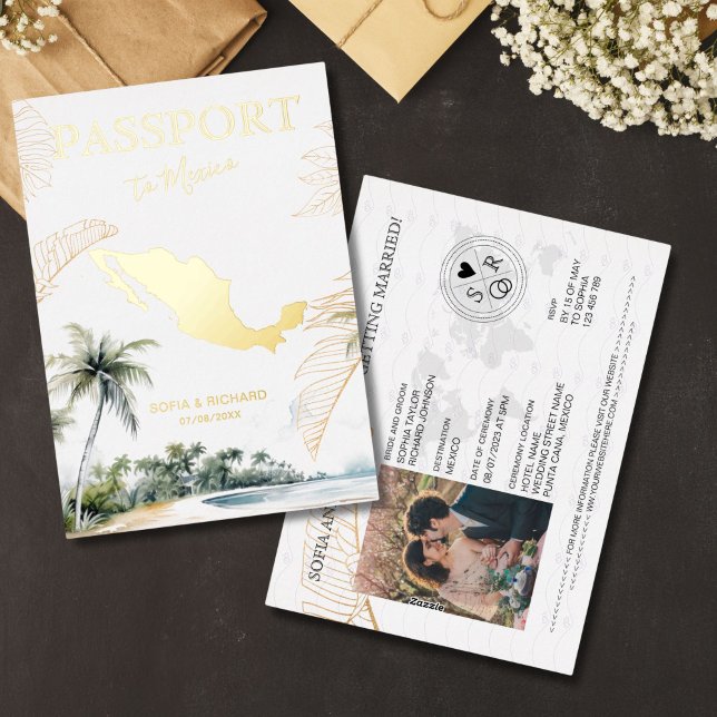 Mexico Destination Wedding Passport Gold (Gold foil Mexico passport wedding invitation)