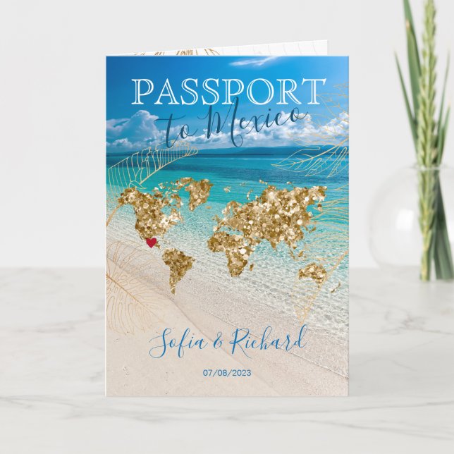 Mexico Destination Wedding Passport Gold Map  Invitation (Front)