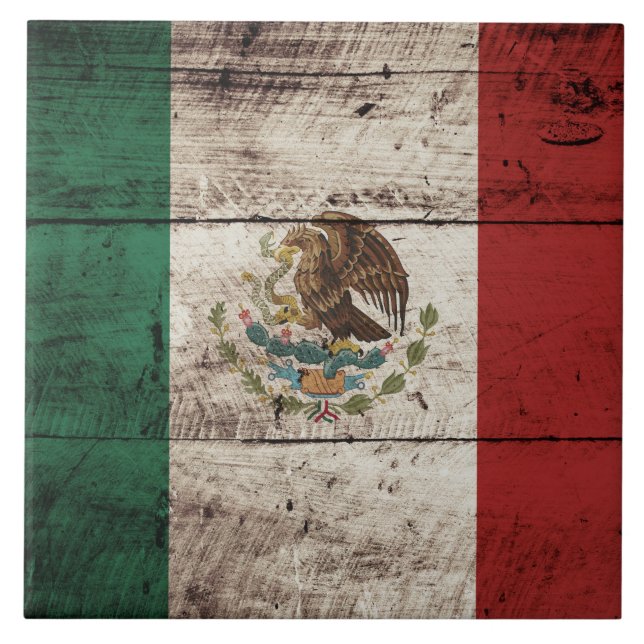 Mexico Flag on Old Wood Grain Ceramic Tile (Front)