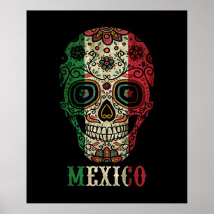 Mexico Flag Skull Flower Poster