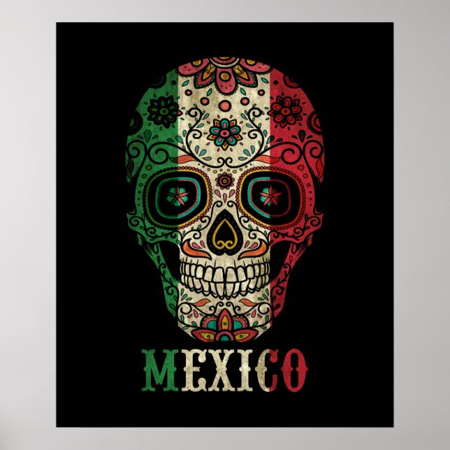 Mexico Flag Skull Flower Poster (Front)