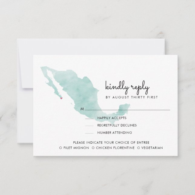 Mexico Map | Cabo | Kindly Reply | Meal Options RS RSVP Card (Front)