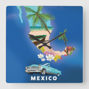 Mexico Map Illustration travel poster. Square Wall Clock