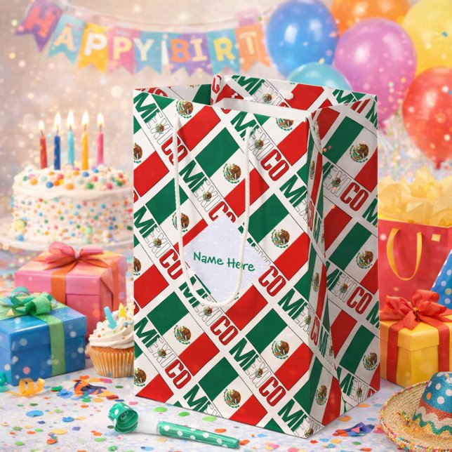 Mexico Mexican Flag Tiled Green Personalised  Medium Gift Bag (Personalized medium gift bag has tiled Mexican Flag and MEXICO. Add name inside white fractal.)