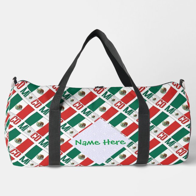 Mexico Mexican Flag Tiled Personalised Green Name Duffle Bag (Front)