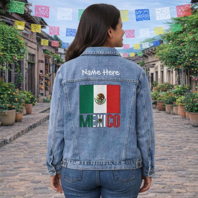 Mexico Mexican Flag White Personalised Name  Denim Jacket (Women’s denim jacket with Mexico flag, white name text above and MEXICO lettering below on back.)