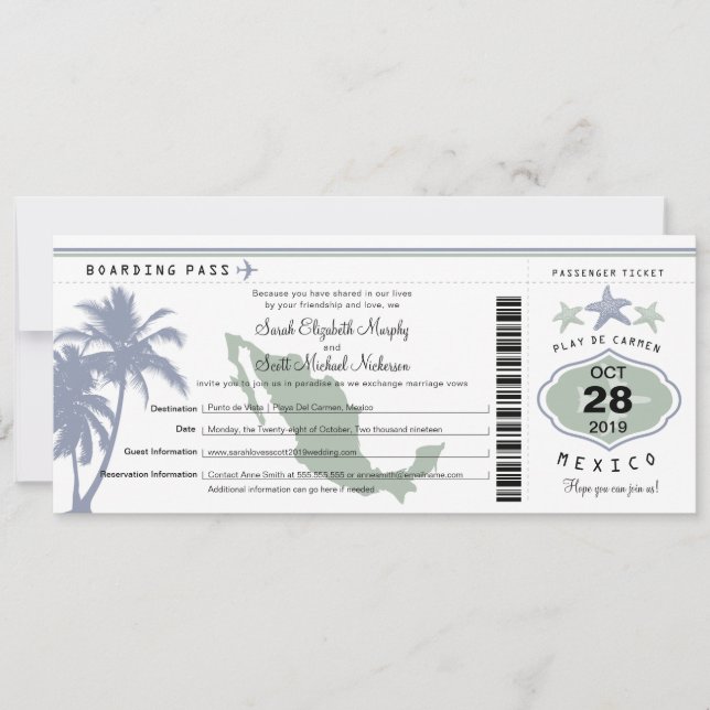 Mexico Palm Tree Starfish Boarding Pass Wedding In Invitation (Front)