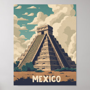 Mexico Pyramid Vintage Famous Travel Place Poster