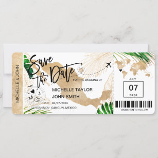 Mexico Save the Date Boarding Pass World Map Invitation