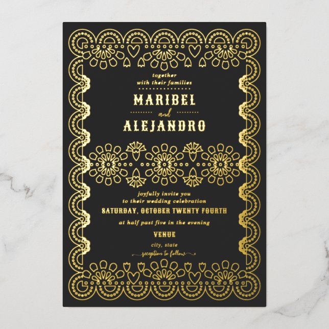 Mexico Scalloped Papel Picado Floral Black Wedding (Front)