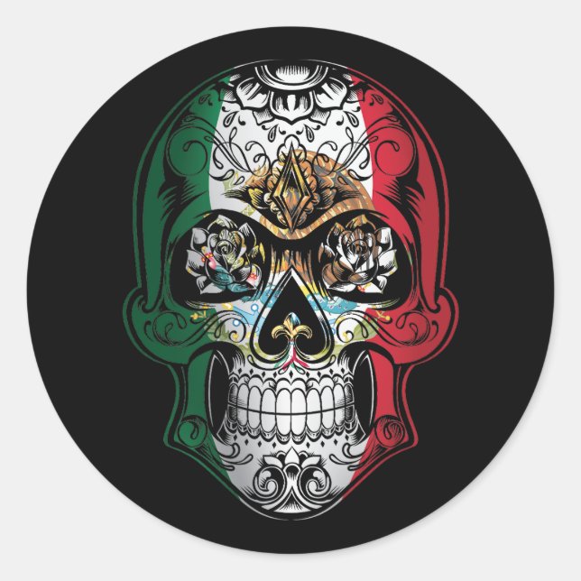 Mexico  Skull And Roses Flag Classic Round Sticker (Front)