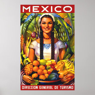 Mexico, smiling woman with tropic fruits, vintage poster