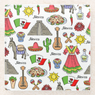 Mexico Symbols Pattern Glass Coaster