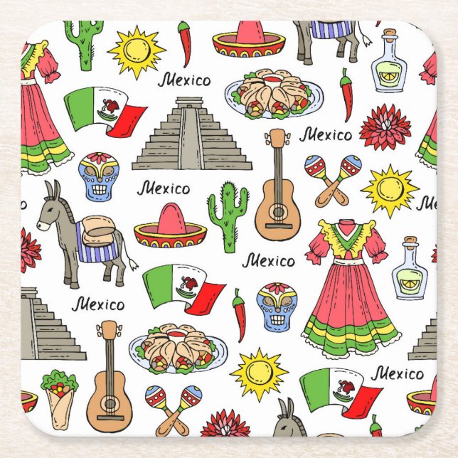 Mexico | Symbols Pattern Square Paper Coaster (Front)