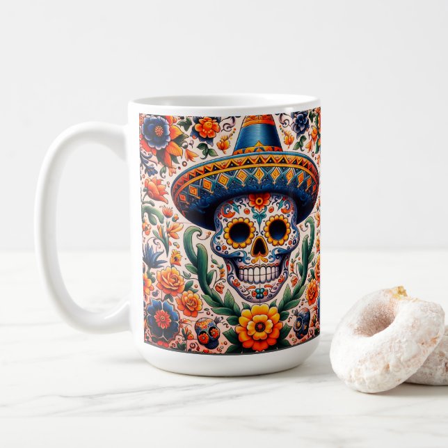 Mexico | Travel Vintage Retro Candy Skull Coffee Mug (With Donut)