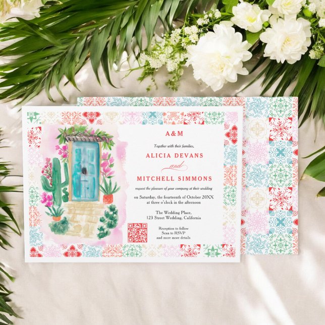 Mexico tropical watercolor QR destination wedding  Invitation (Mexico tropical watercolor QR destination wedding Invitation)