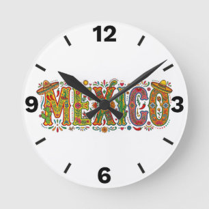 Mexico Typography Folk Art Mexican Culture Design Round Clock