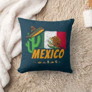 Mexico Vintage Cactus With Flag Sombrero Souvenir Cushion