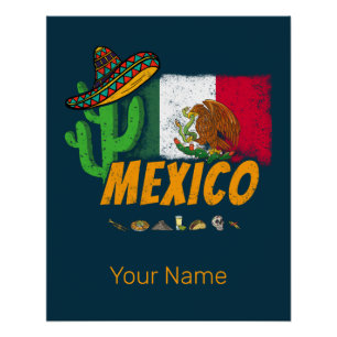 Mexico Vintage Cactus With Flag Sombrero Souvenir Poster