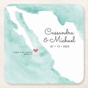 Mexico Watercolor Map   Cabo   Destination Wedding Square Paper Coaster