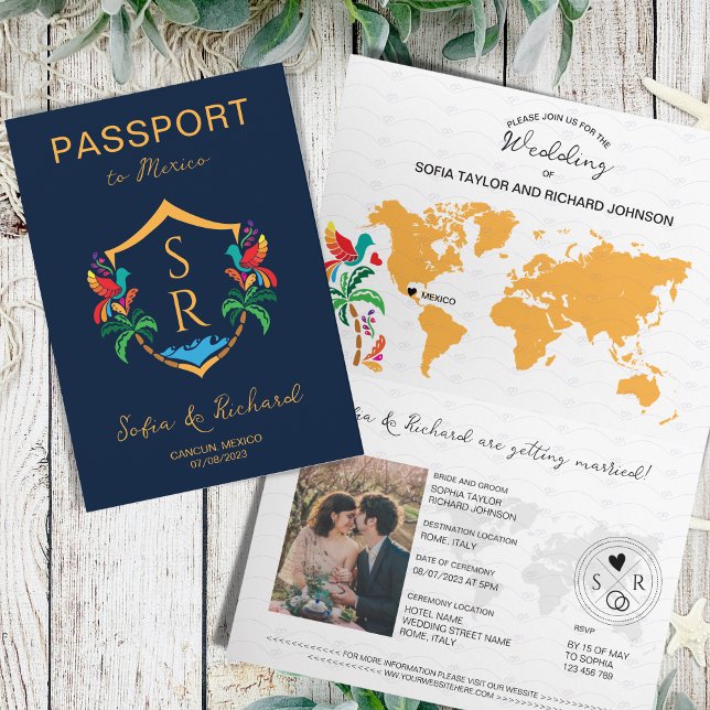 Mexico Wedding Destination Passport Crest Palm  Invitation (Creator Uploaded)