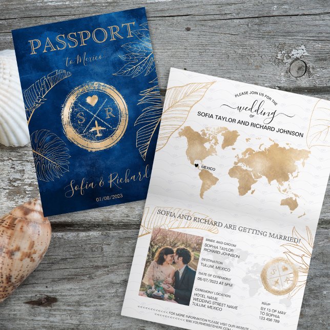 Mexico Wedding Destination Passport World Map  Invitation (passport wedding navy blue with golden stamp and palm leaves)