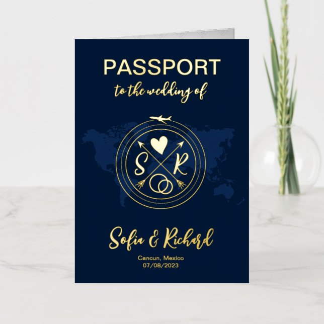 Mexico Wedding World Map Passport Monogram  Foil Greeting Card (Front)