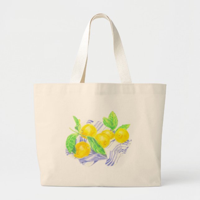 Meyer lemons on kitchen towel large tote bag (Front)