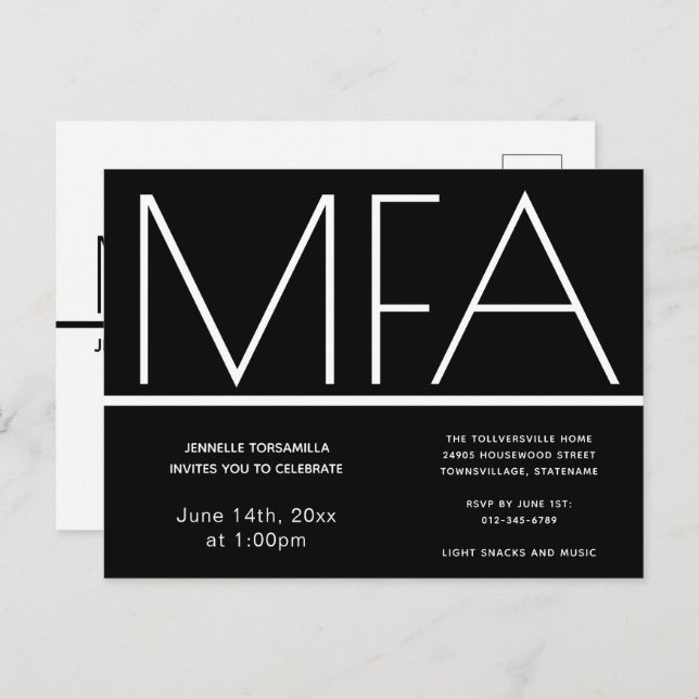 MFA degree Black Graduation Party Invitation (Front/Back)