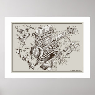 MG "TF" Engine Schematic Poster - OffWhite
