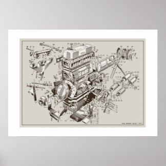 MG "TF" Engine Schematic Poster - OffWhite