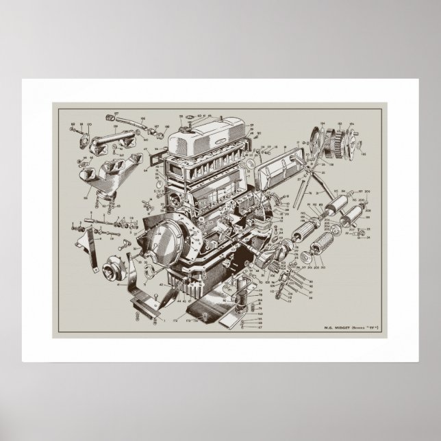 MG "TF" Engine Schematic Poster - OffWhite (Front)