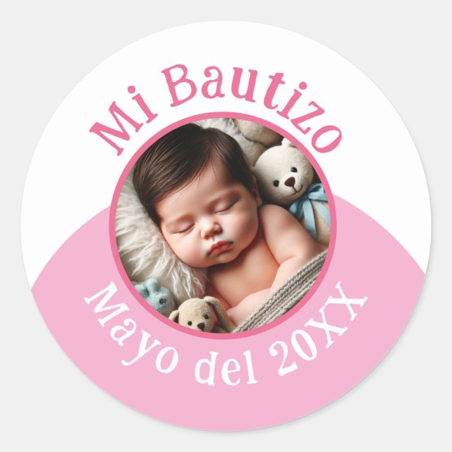Mi Bautizo con Foto y Fecha Classic Round Sticker (Front)