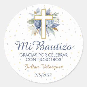 Mi Bautizo Niño Azul Flores Cruz Baptism Cross Classic Round Sticker