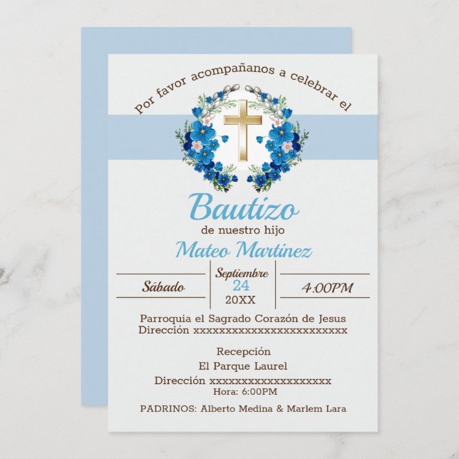 Mi Bautizo para niño Invitation (Front/Back)