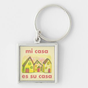 MI CASA ES SU CASA Watercolor Houses Cute Cheerful Key Ring