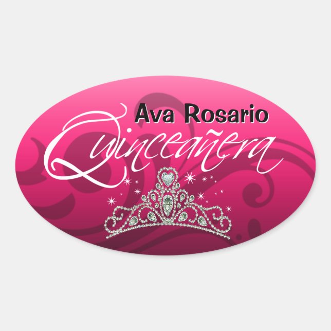 Mi Quinceañera Sparkling Tiara (fuschia) Party Oval Sticker (Front)