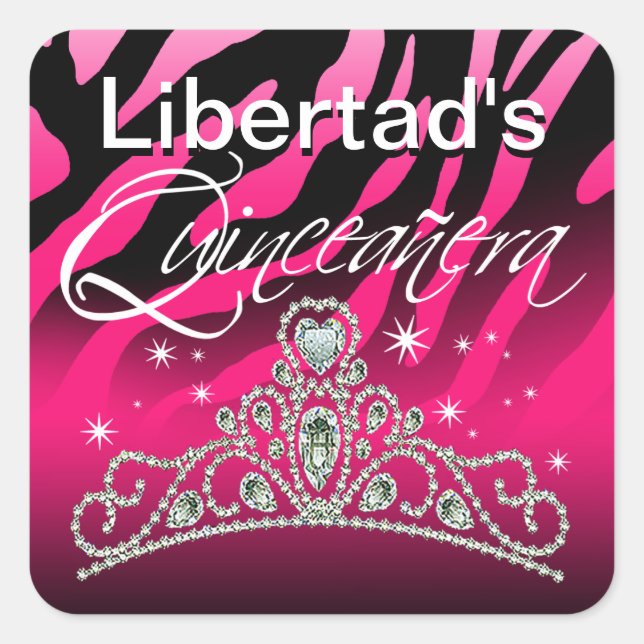 Mi Quinceañera Sparkling Tiara Zebra Square Sticker (Front)