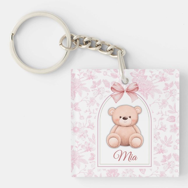 Mia | Custom Pink Teddy Bear Nursery Design  Key Ring (Front)